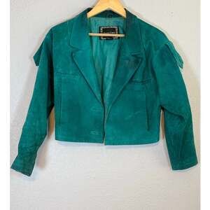 Vintage 80s Western Green Teal Leather Jacket Crop Womens Small Cropped Cowgirl